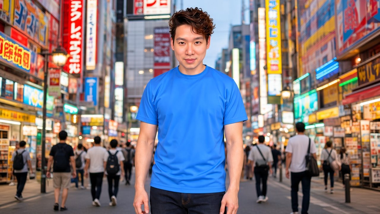 AI-generated image: Jon Ng on a busy Akihabara street lined with electronics and game shops