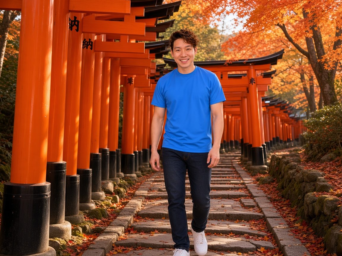 AI-generated image: Jon Ng walking along a stone path lined with orange torii gates and autumn leaves at Fushimi Inari Taisha in Kyoto